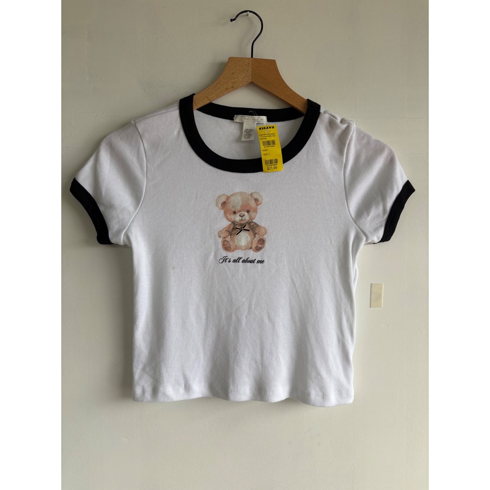 Full Tilt Girls White Teddy Bear Ringer T-Shirt Black Trim Size Large NWT